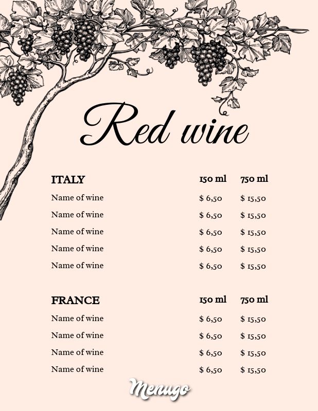 Menugo - Rose Wine List Menu Template